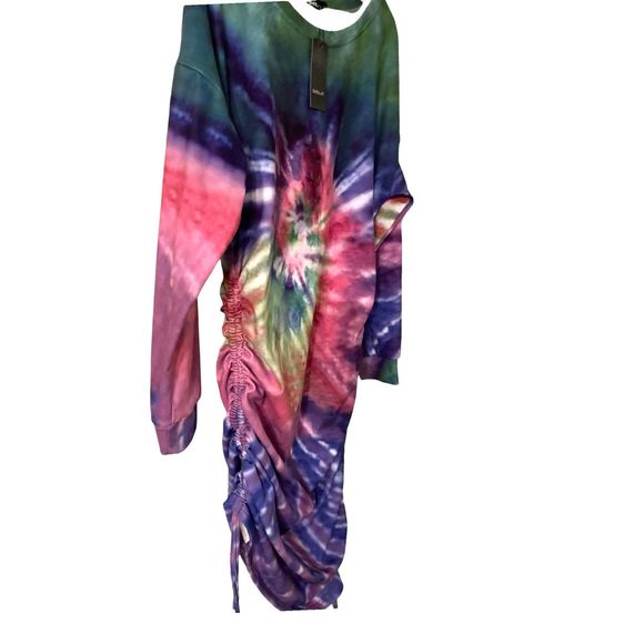 NWT Tie Dye Long Sleeve Drawstring Ruched Oversized Sweatshirt Dress